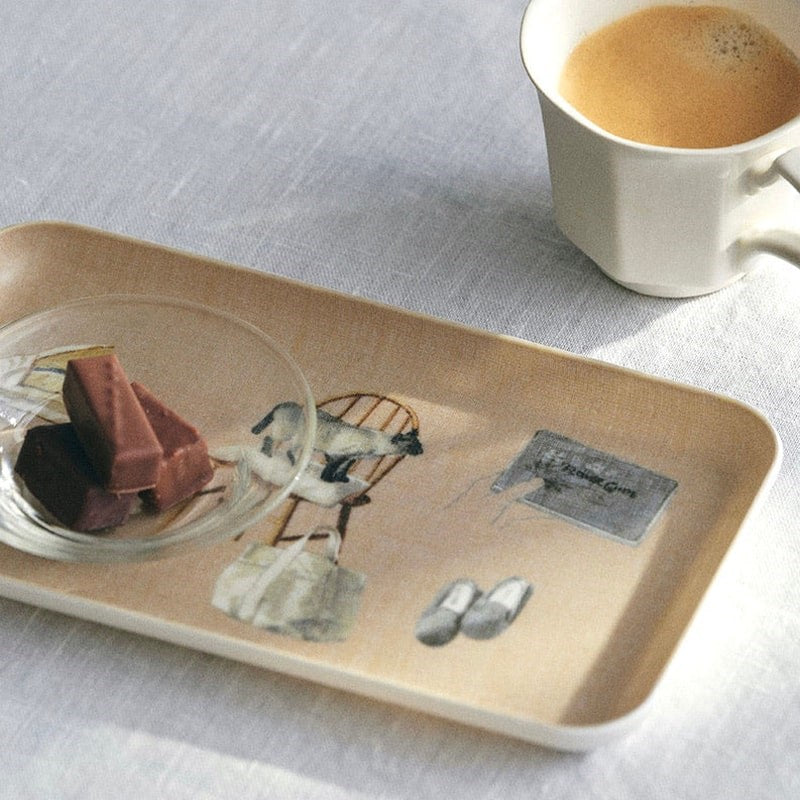 Fog Linen Work Misato Ogihara Small Linen Tray - Living with Cats- Product shown with coffee cup and chocolates