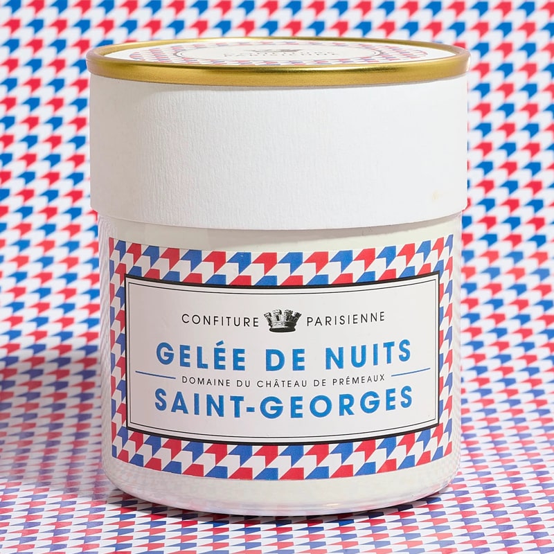Confiture Parisienne Nuits Saint Georges Jelly - Jelly jar shown on pattern background