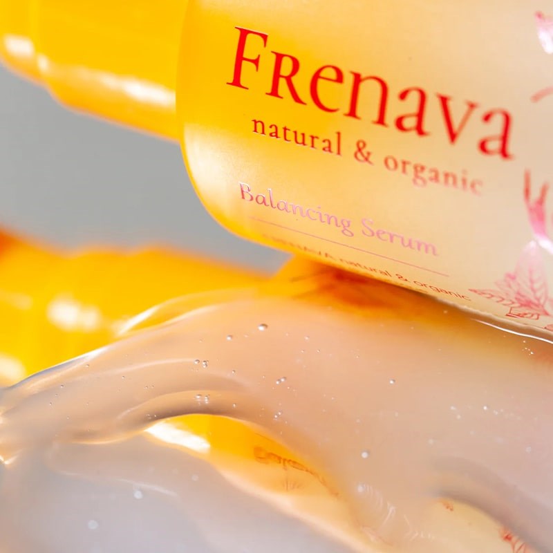 Frenava Balancing Serum - Closeup of product smear next to bottle