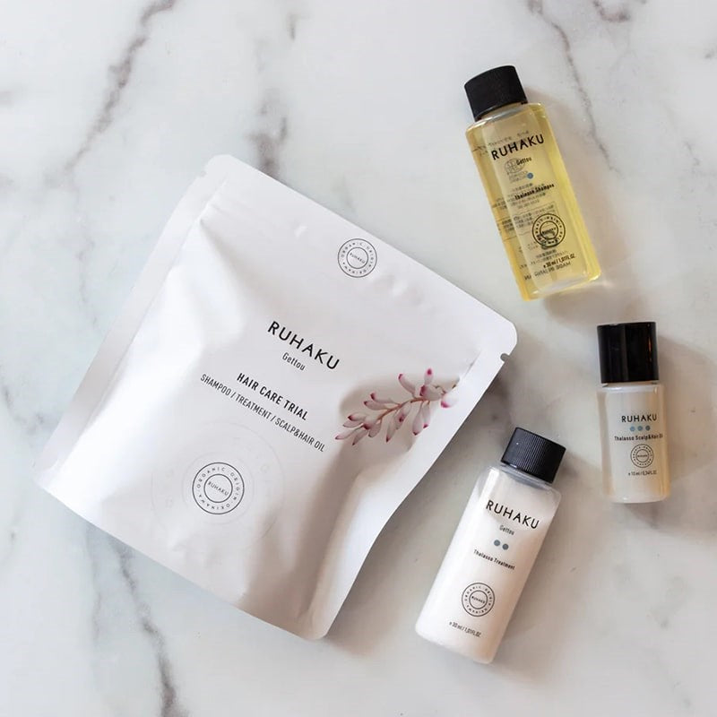 Ruhaku Hair Care Trial &amp; Travel Set - Products shown on marble background