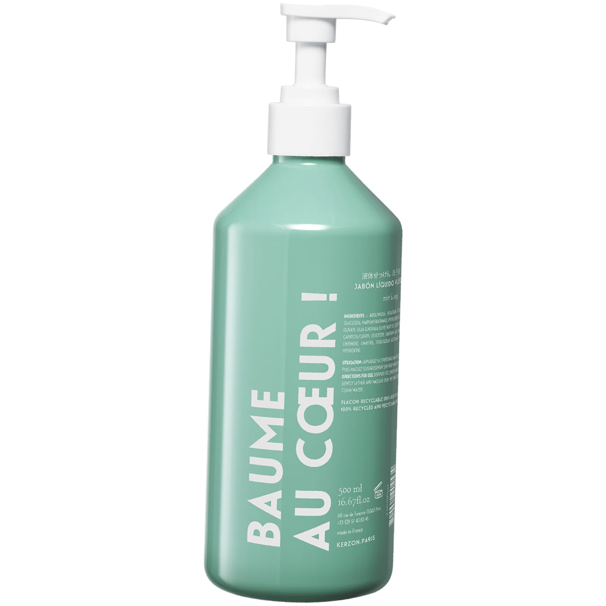 Kerzon Natural Liquid Soap - Menthe Poivrée (500 ml) - product shown from back.