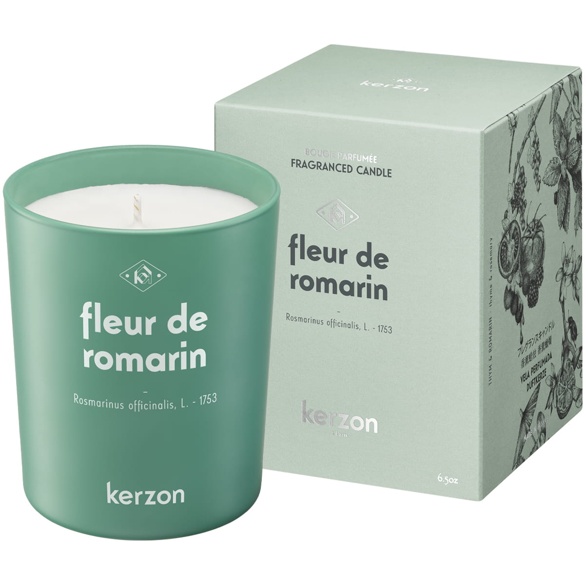 Kerzon Fragranced Candle - Fleur de Romarin (190 g) - product shown next to packaging. 