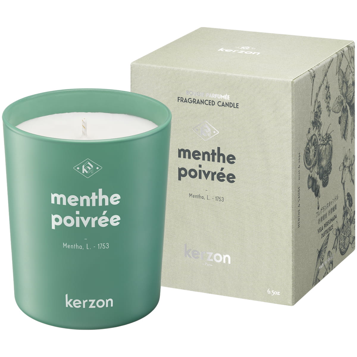 Kerzon Fragranced Candle - Menthe Poivrée (190 g) - product shown next to packaging.
