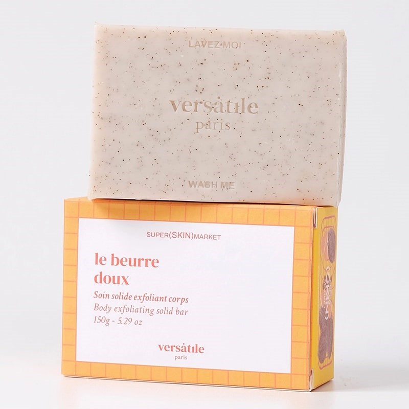 Versatile Paris Cleansing Exfoliating Solid Bar - Product shown on top of box
