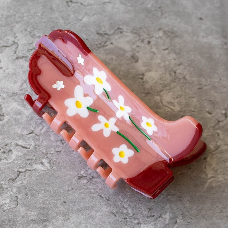 Tiepology Eco Daisy Flower Cowboy Boots Hair Claw Clip - Raspberry Jam- Product shown on grey background