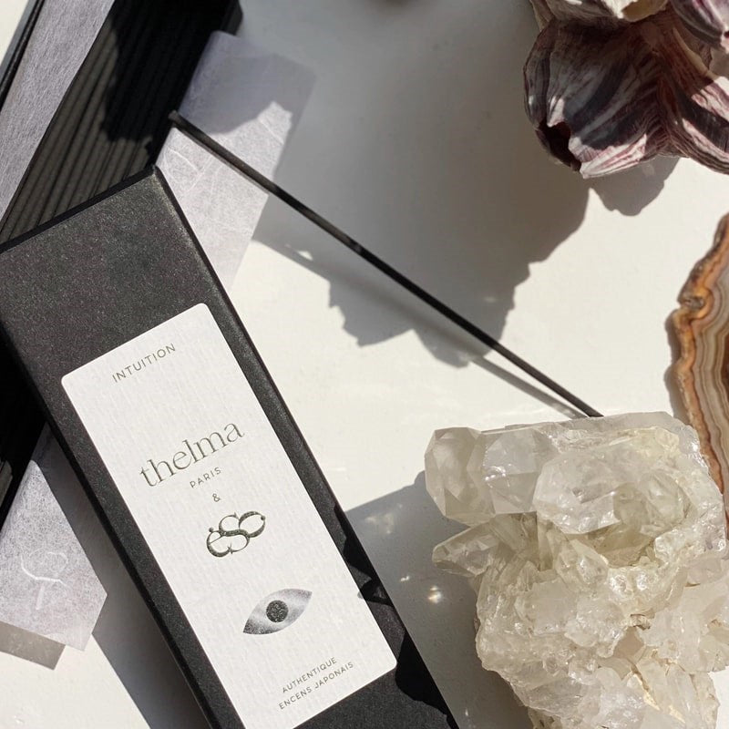 Thelma Paris Intuition Incense Sticks - product shown next to incense stick, crystals, and coral