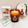 The Quiet Botanist Orchard Sun Scented Candle - product contents shown, candle, cotton bag, matchbook, and packaging 