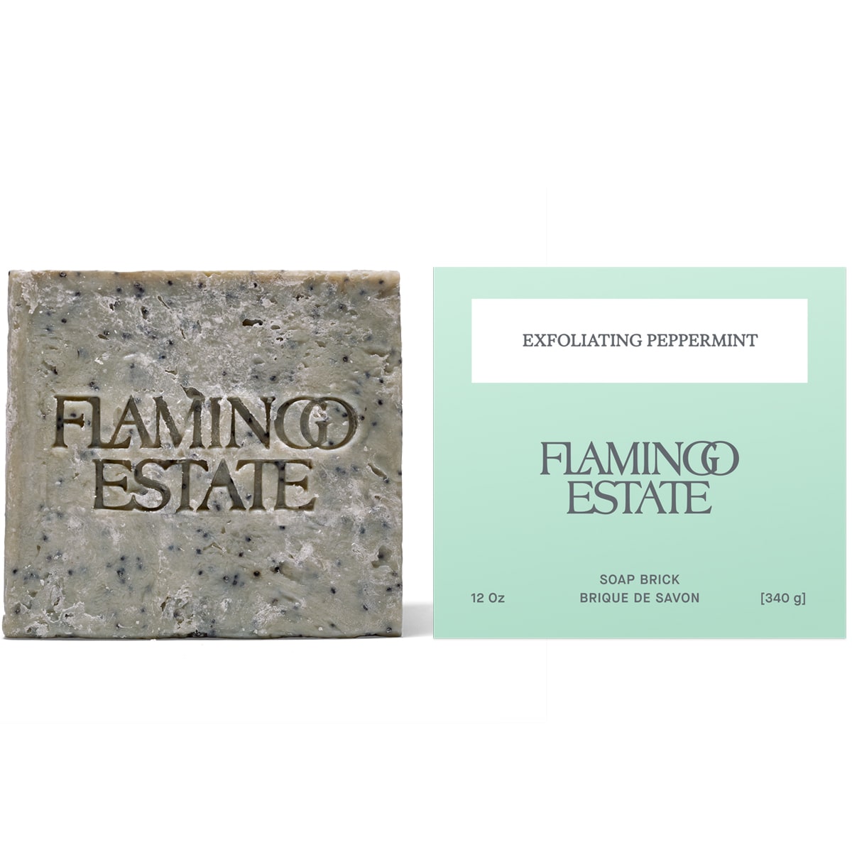 Flamingo Estate Organics Exfoliating Peppermint Soap Brick (340 g) - product shown next to packaging. 