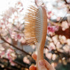 Snow Fox Skincare Gua Sha Hair & Scalp Brush: Premium Wooden Edition - close up of model holding product showing bristle side of brush