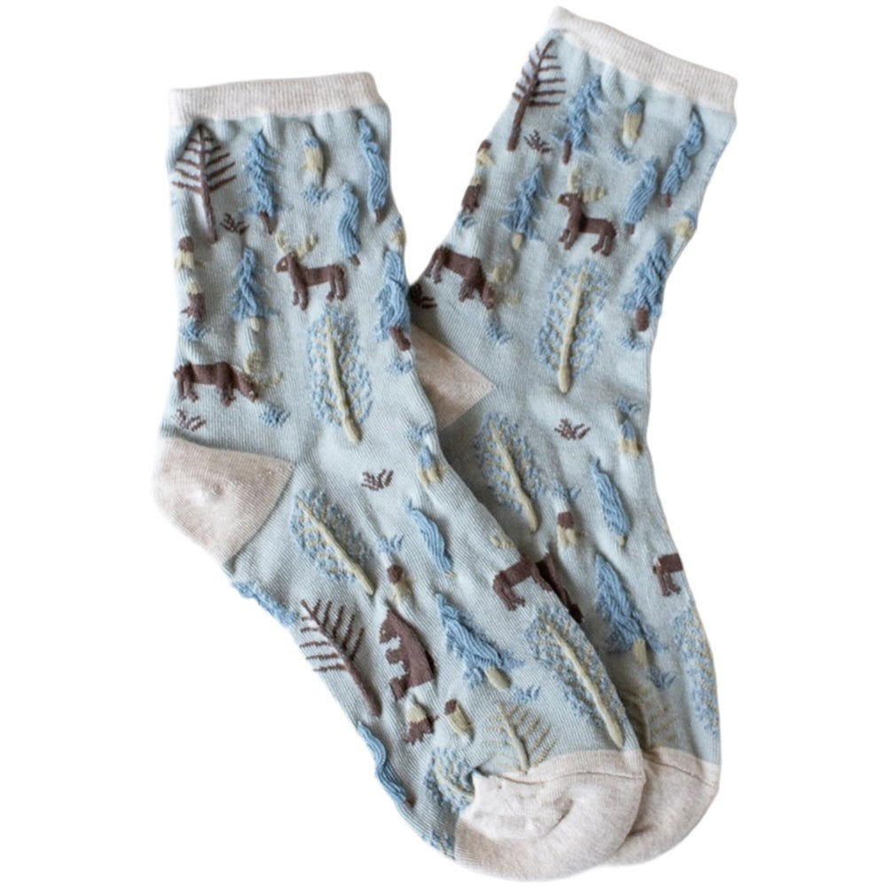 Tiepology Winter Forest Casual Socks - Oatmeal & Denim with reindeer and trees