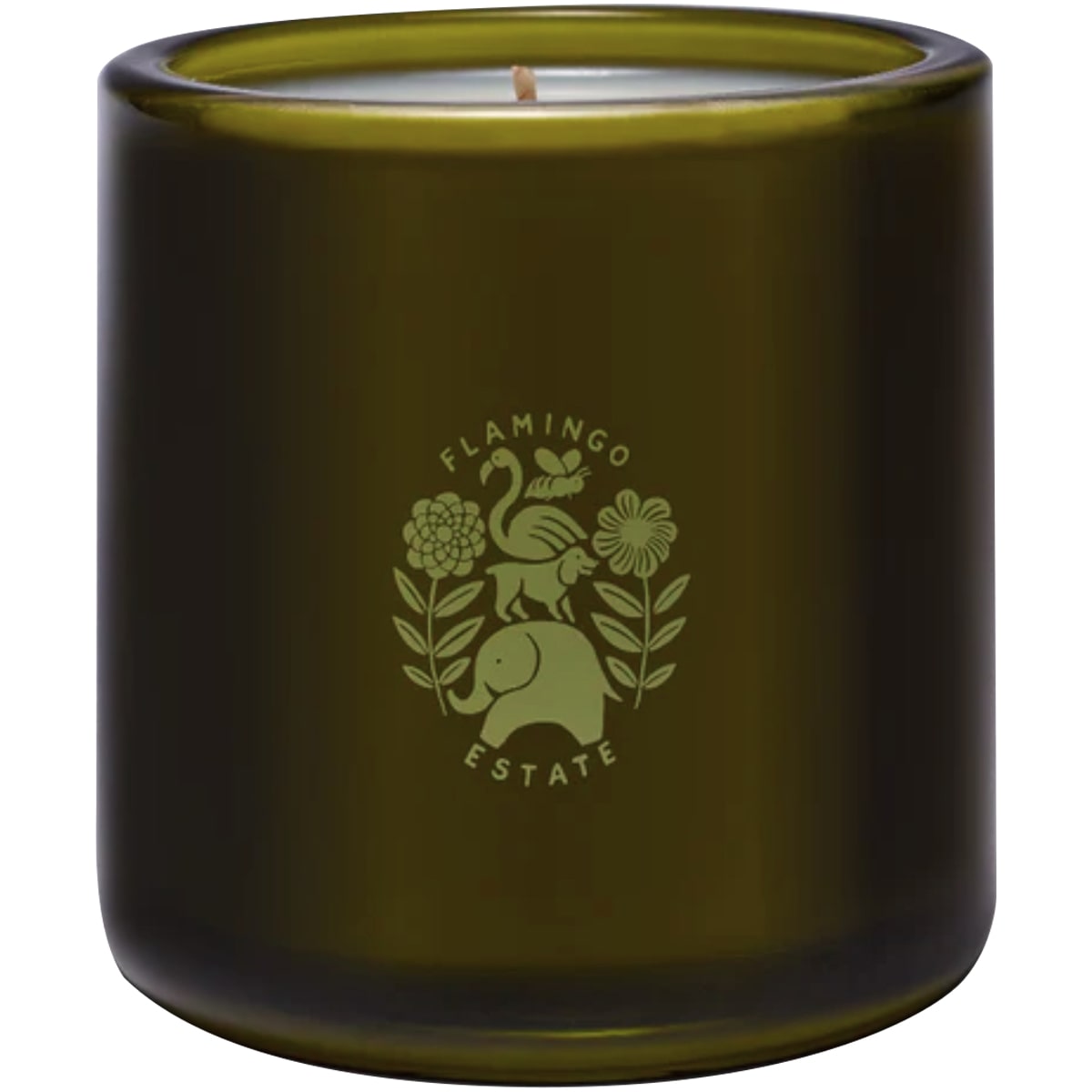 Flamingo Estate Organics Douglas Fir & Ancient Vetiver Candle (226 g) - product shown from back. 