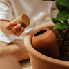 Pepin Hydrating Olla – Terracotta - model shown holding lid near product in potted plant