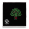 Macon & Lesquoy Hand Embroidered Artichoke Pin - product shown inside packaging