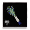 Macon & Lesquoy Hand Embroidered Leek Pin - product shown inside packaging