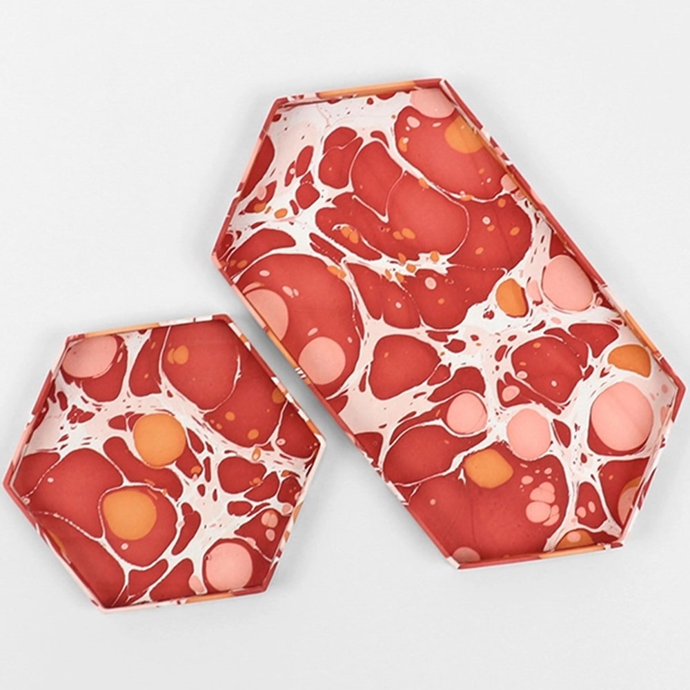 Marbled Hexagon Tray Set - Pebbles Red - Beautyhabit