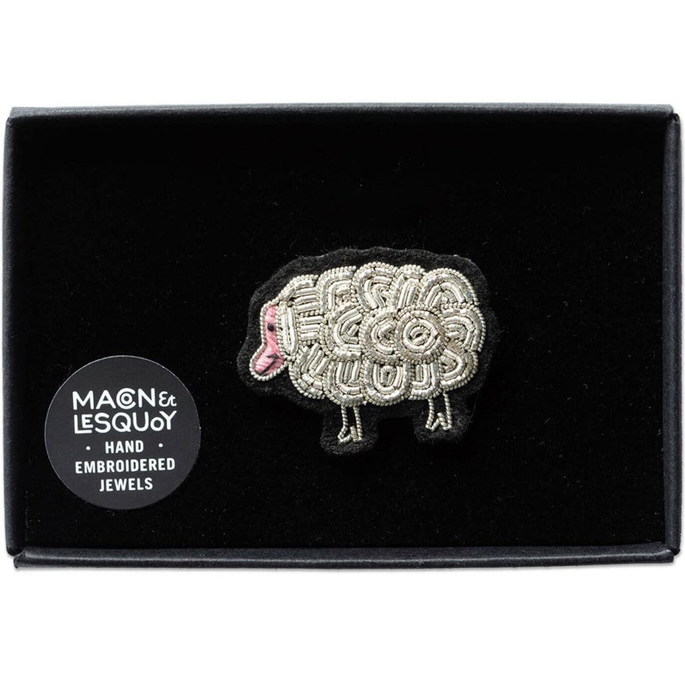Macon & Lesquoy Hand Embroidered Sheep Pin (1 pc) shown in box