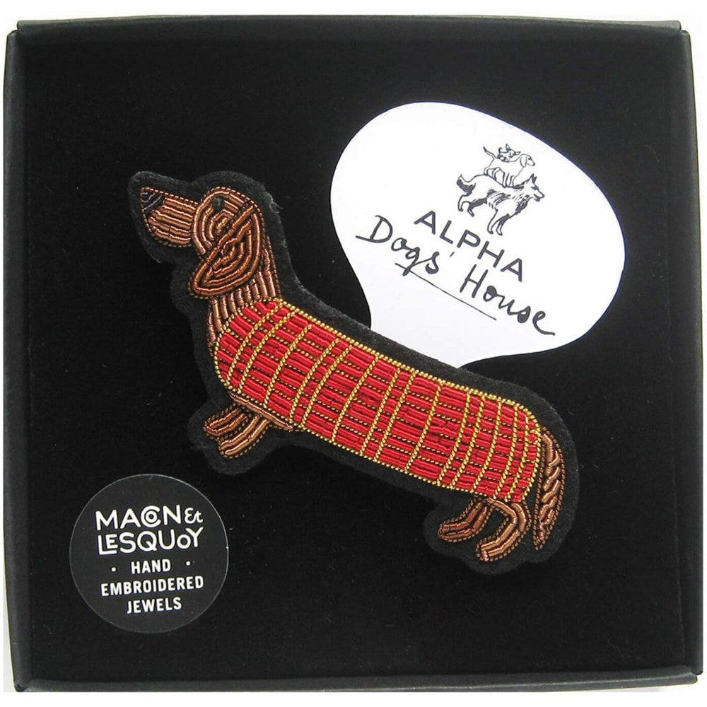 Macon & Lesquoy Hand Embroidered Dachshund Pin (1 pc) shown in box