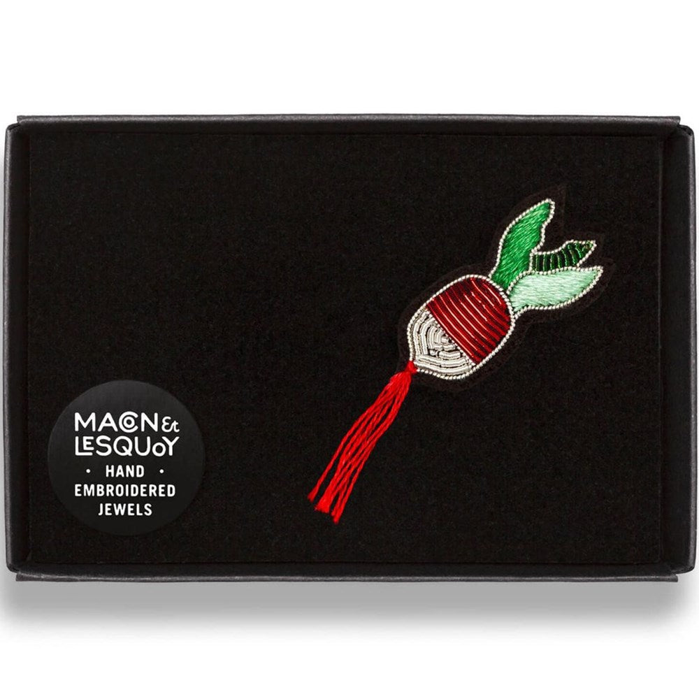 Macon & Lesquoy Hand Embroidered Small Radish Pin (1 pc) shown in box