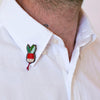 Macon & Lesquoy Hand Embroidered Small Radish Pin (1 pc) shown on lapel of man's dress shirt