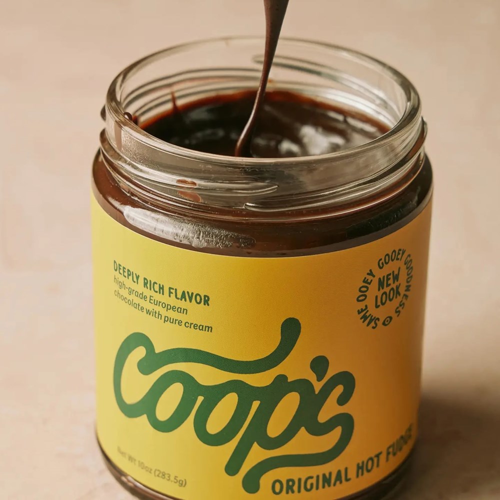 Coop’s Original Hot Fudge (10 oz) with lid off showing hot fudge inside