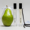 NETTE The Bestsellers Set (2 x 10 ml) with a green pear and vanilla pods on a light background