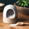 Farmhouse Pottery Beehive Salt Cellar & Spoon - shown with salt and spoon next  to product 