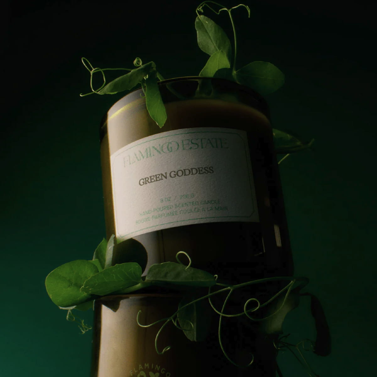 Flamingo Estate Green Goddess Candle (226 g) - product shown with plants on green background.