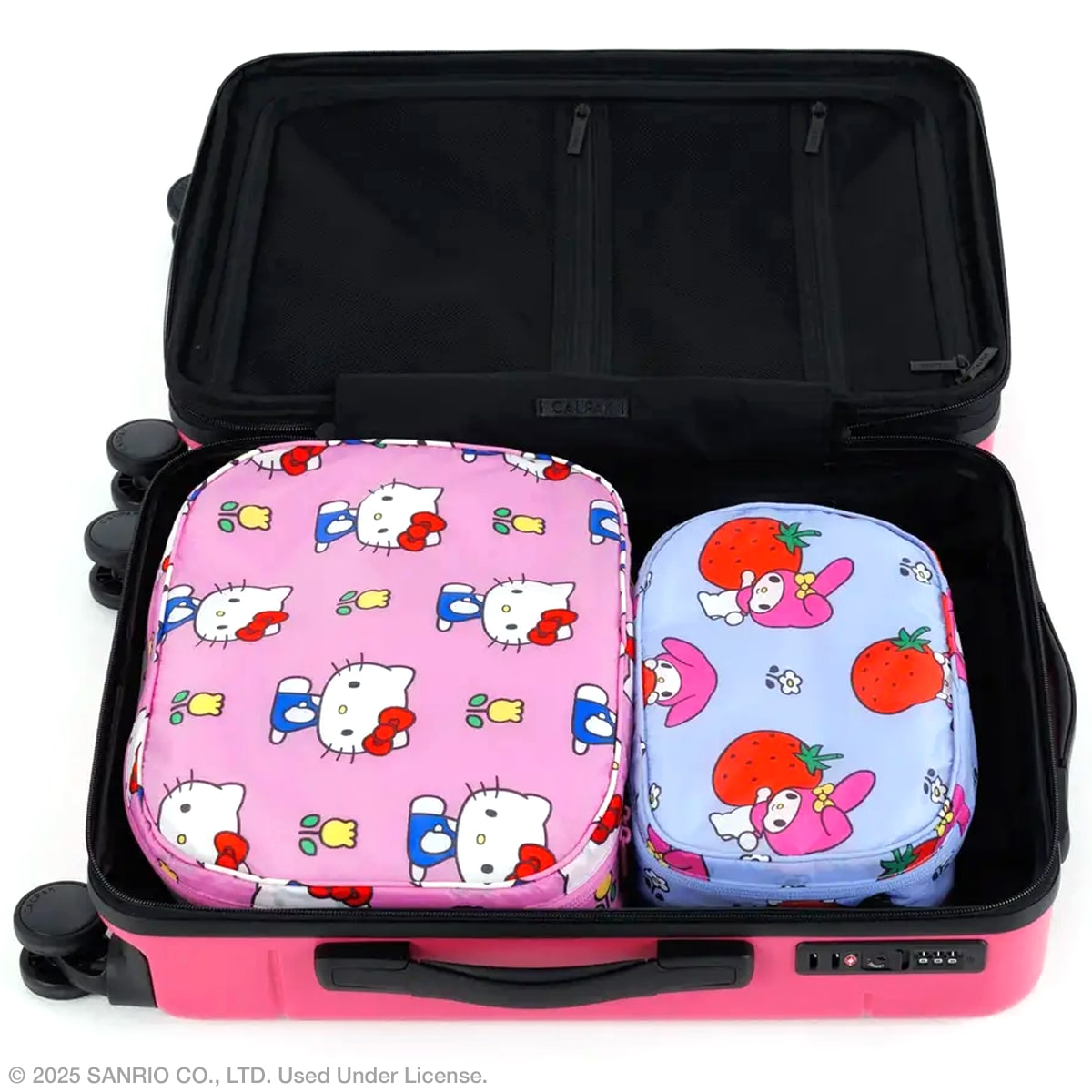 Baggu Packing Cube Set – Hello Kitty and Friends Florals (2 pcs) showing expanded cubes inside a suitcase
