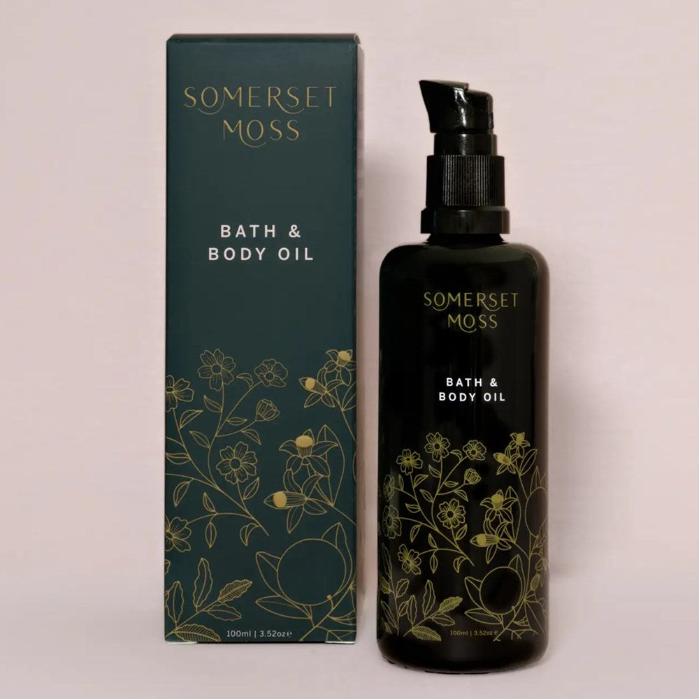 Somerset Moss Bath & Body Oil - shown next to box