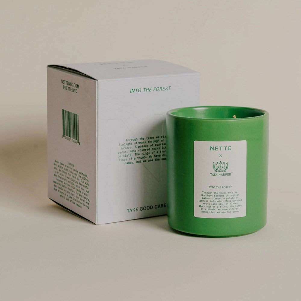 NETTE x TATA HARPER Into the Forest Scented Candle - shown next to box