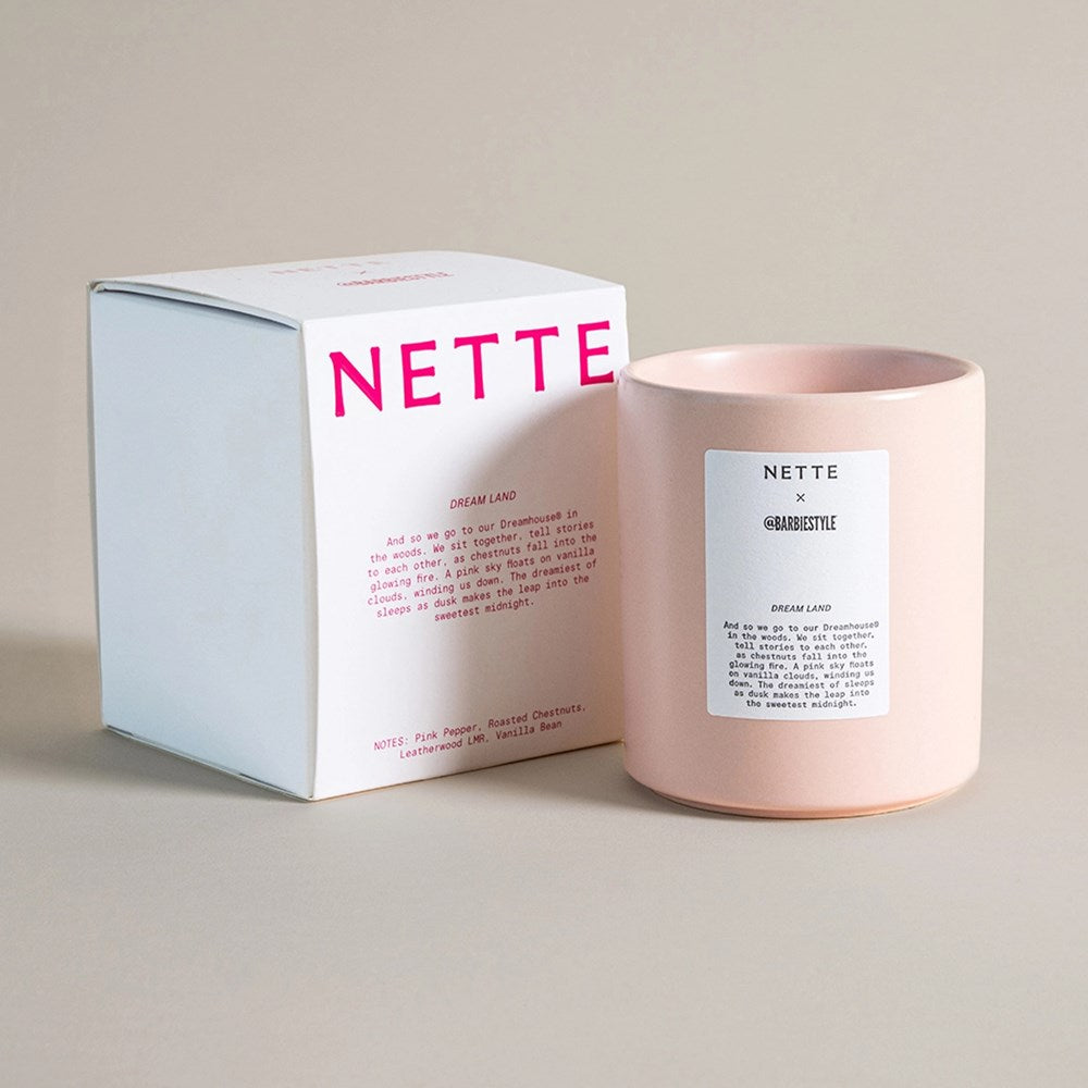 NETTE x @BARBIESTYLE Dream Land Scented Candle - next to box 