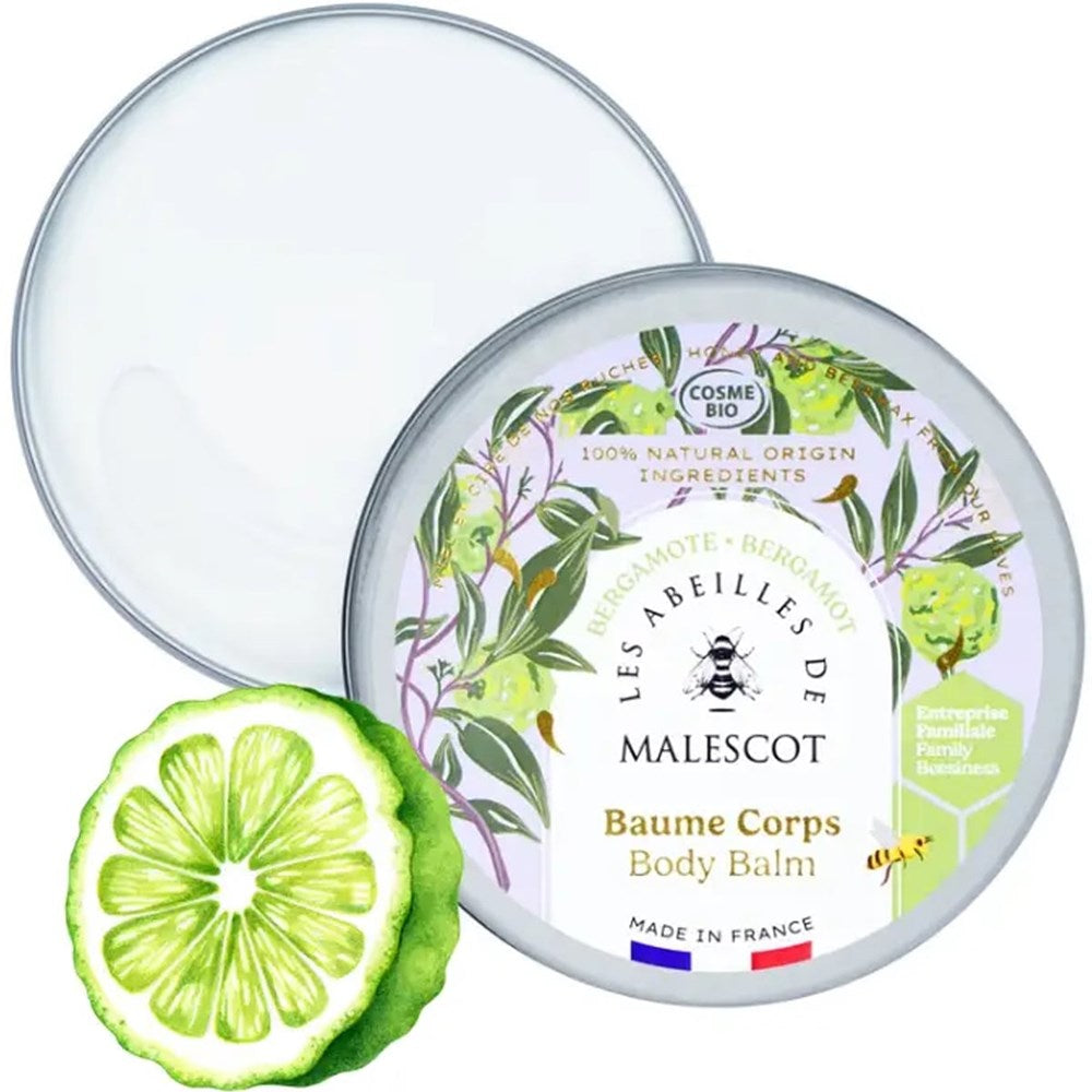 Les Abeilles de Malescot Honey Body Balm - Bergamot - product shown open next to a lime