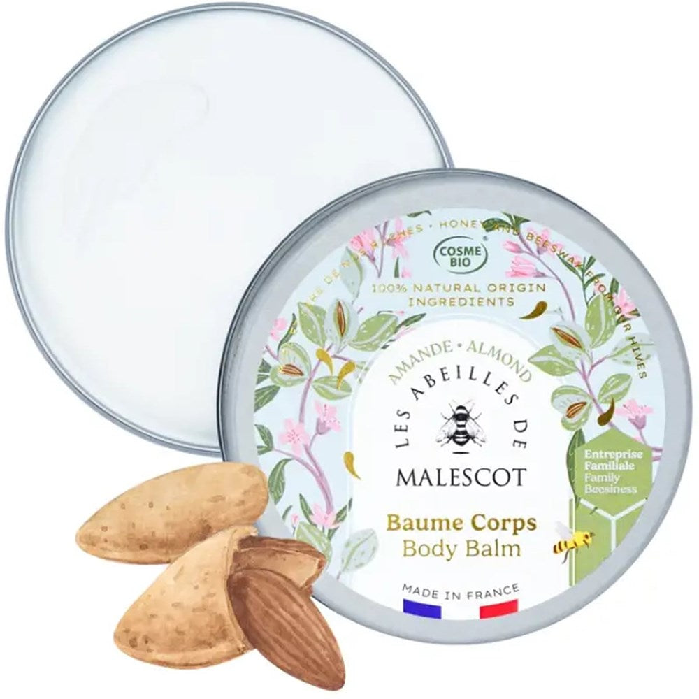 Les Abeilles de Malescot Honey Body Balm - Almond - product shown open next to almonds