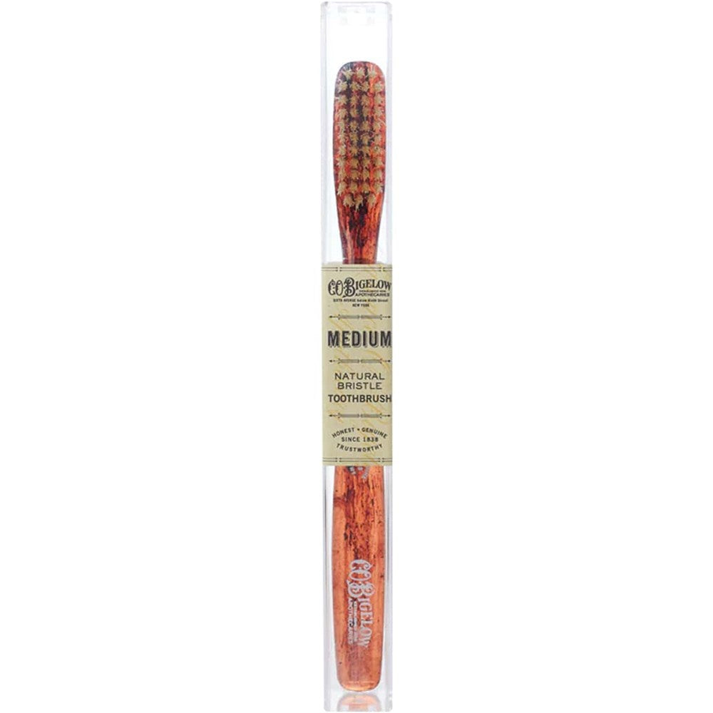 C.O. Bigelow Natural Bristle Toothbrush - Medium Tortoise (1 pc) shown in handy carrying case