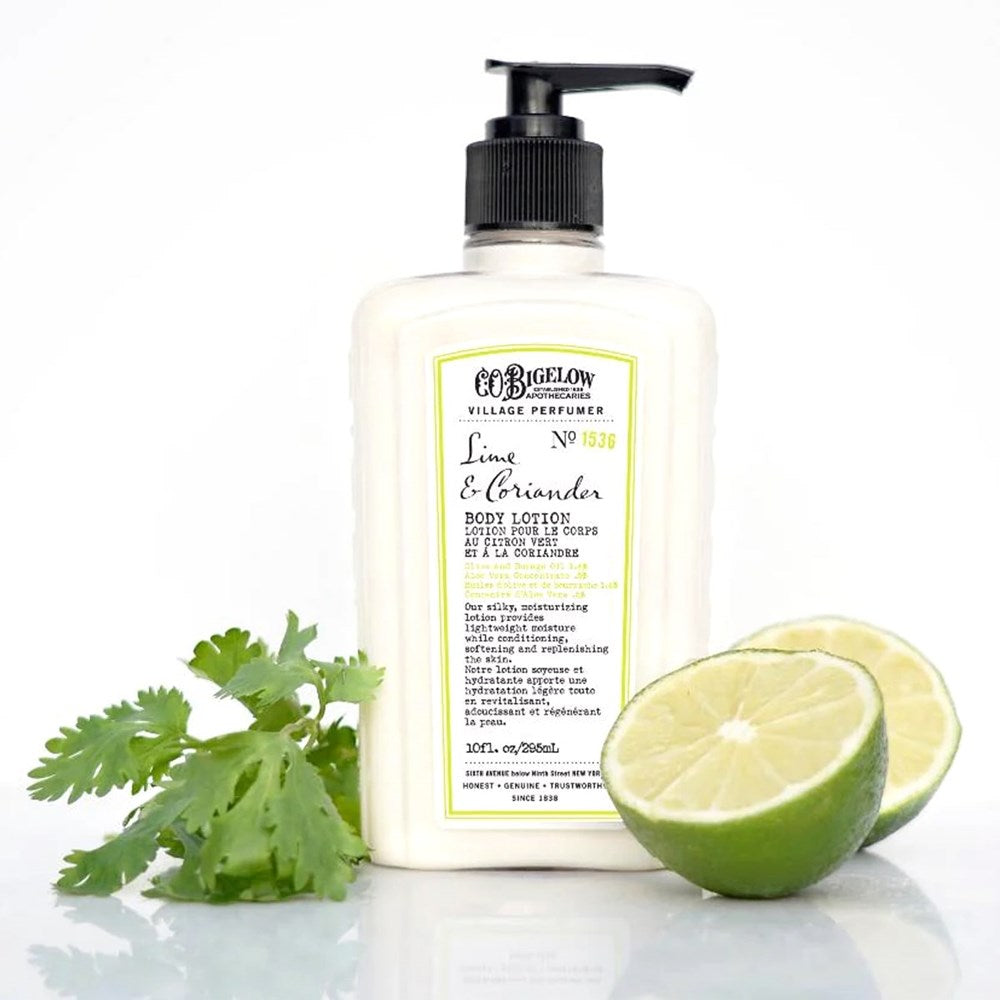 C.O. Bigelow Lime & Coriander Body Lotion (10 oz) with lime and cilantro on a white background