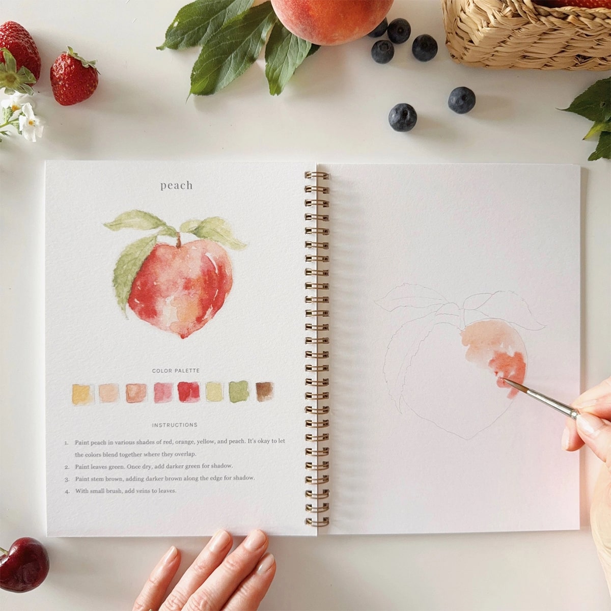 Emily Lex Studio Fruit Watercolor Workbook - product shown open with paint brush and hands
