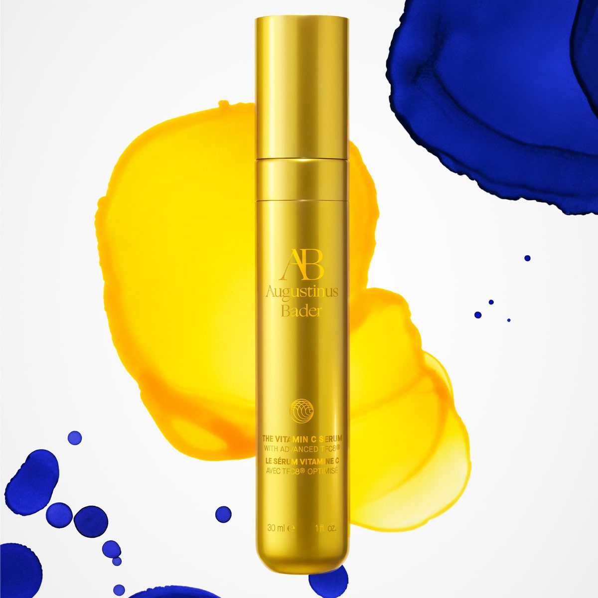 Augustinus Bader The Vitamin C Serum (30 ml) - product shown with yellow and blue colored background