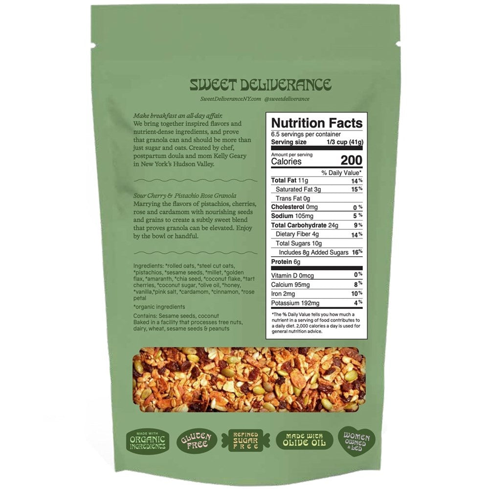 Sweet Deliverance Sour Cherry & Pistachio Rose Granola (8 oz) - Back of packaging