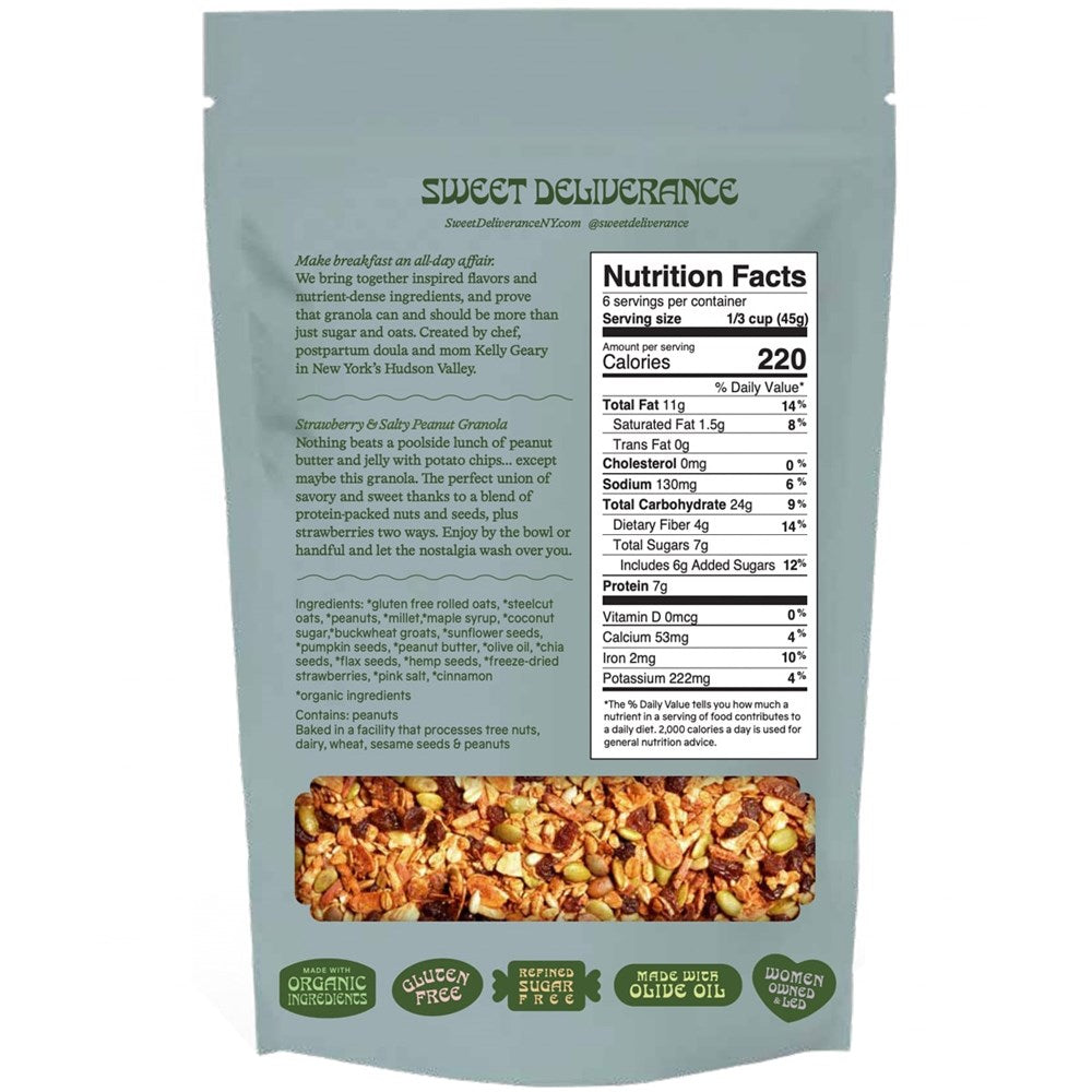 Sweet Deliverance Strawberry & Salty Peanut Granola (8 oz) - back of product packaging