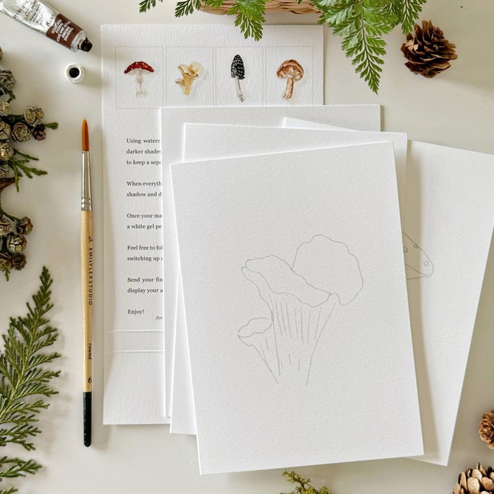 Emily Lex Studio Mushrooms Paintable Notecards (8 pcs) - product shown with paintbrush and fern leaves. 