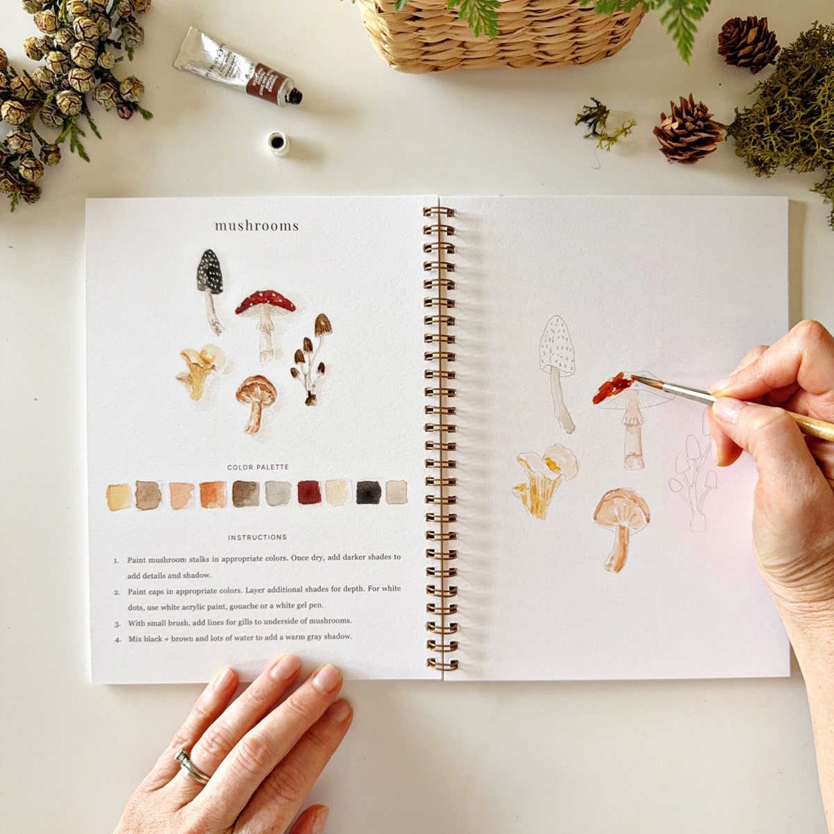 Emily Lex Studio Woodland Watercolor Workbook (1 pc) and a hand holding a paintbrush.