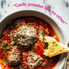Diaspora Co. Pahadi Pink Garlic used in a bowl of meatballs with tomato sauce and a bread, text above bowl: "Garlic powder like no other"