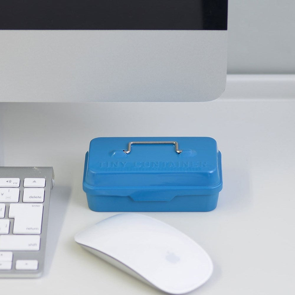 Hightide Tiny Container - Blue (1 pc) - Product shown next to computer and mouse. 