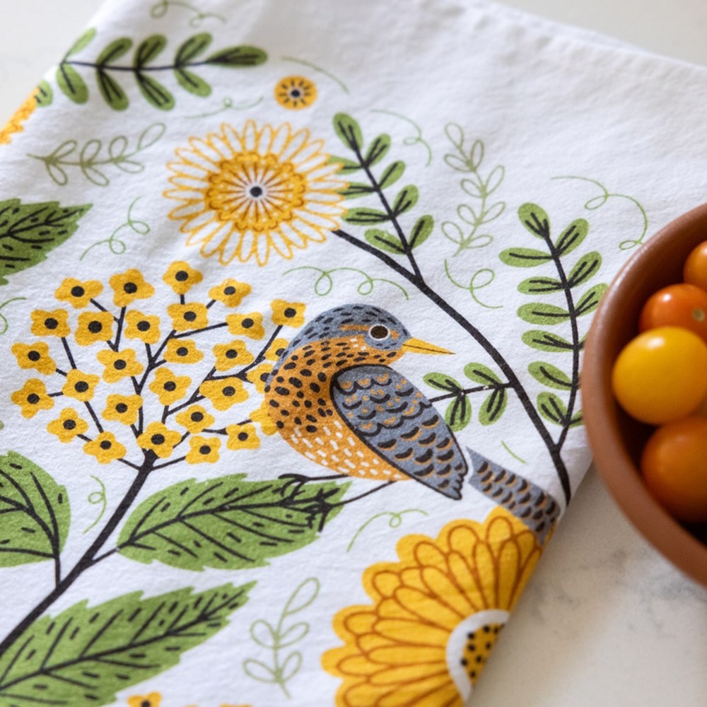 Close up of Gingiber Mums & Robins Tea Towel (1 pc)