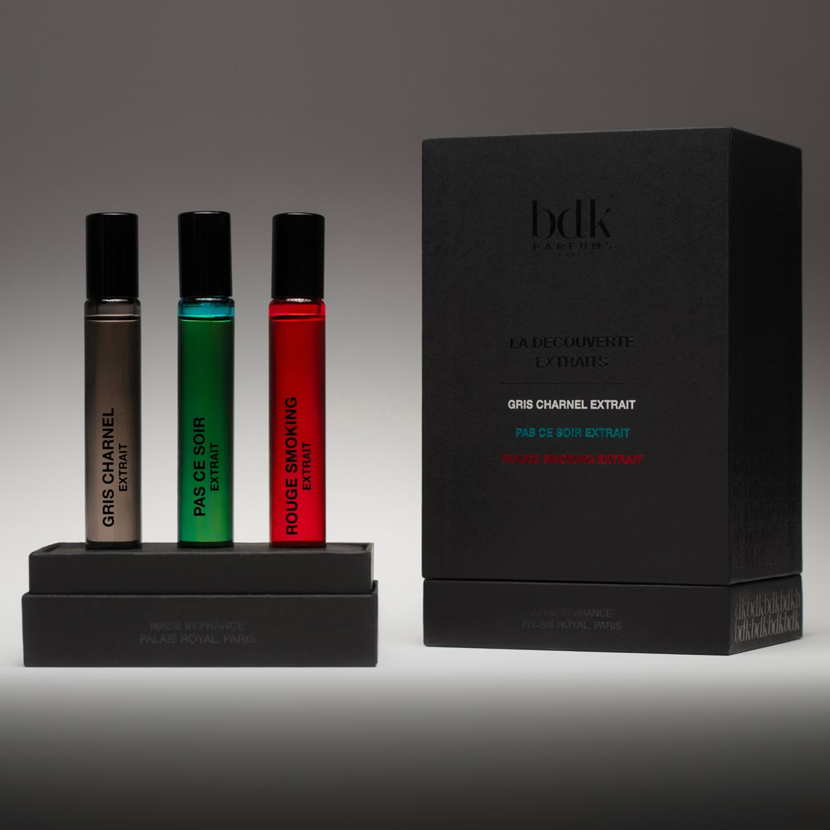 BDK Parfums Discovery Set - Collection Extraits (3 x 10ml) - Product and packaging shown on grey background. 