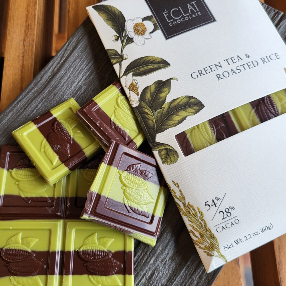 Eclat Chocolate Green Tea & Roasted Rice Chocolate Bar (2.2 oz) on a wooden surface