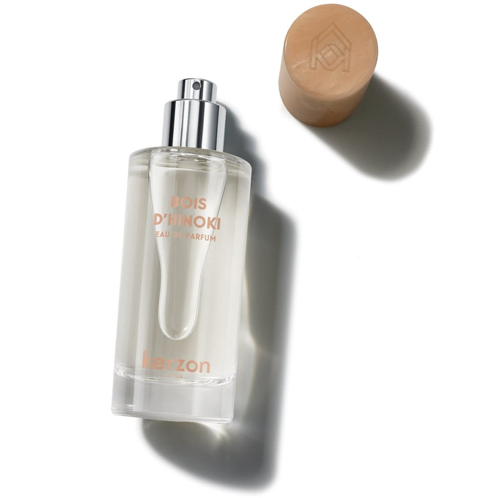 Kerzon Eau de Parfum - Bois D’Hinoki (50 ml) shown top view with cap off