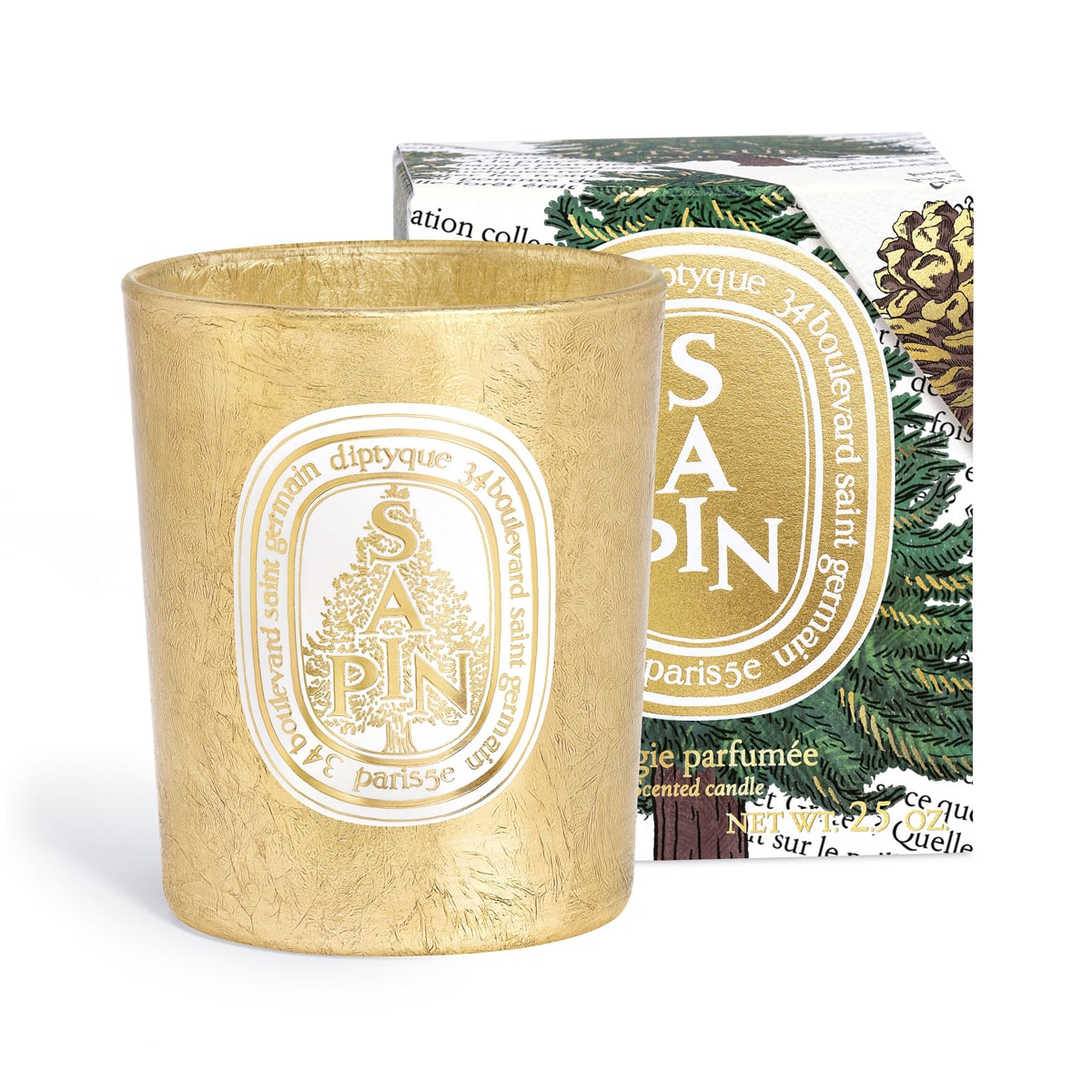 Diptyque Sapin Candle (70 g) - next to packaging.