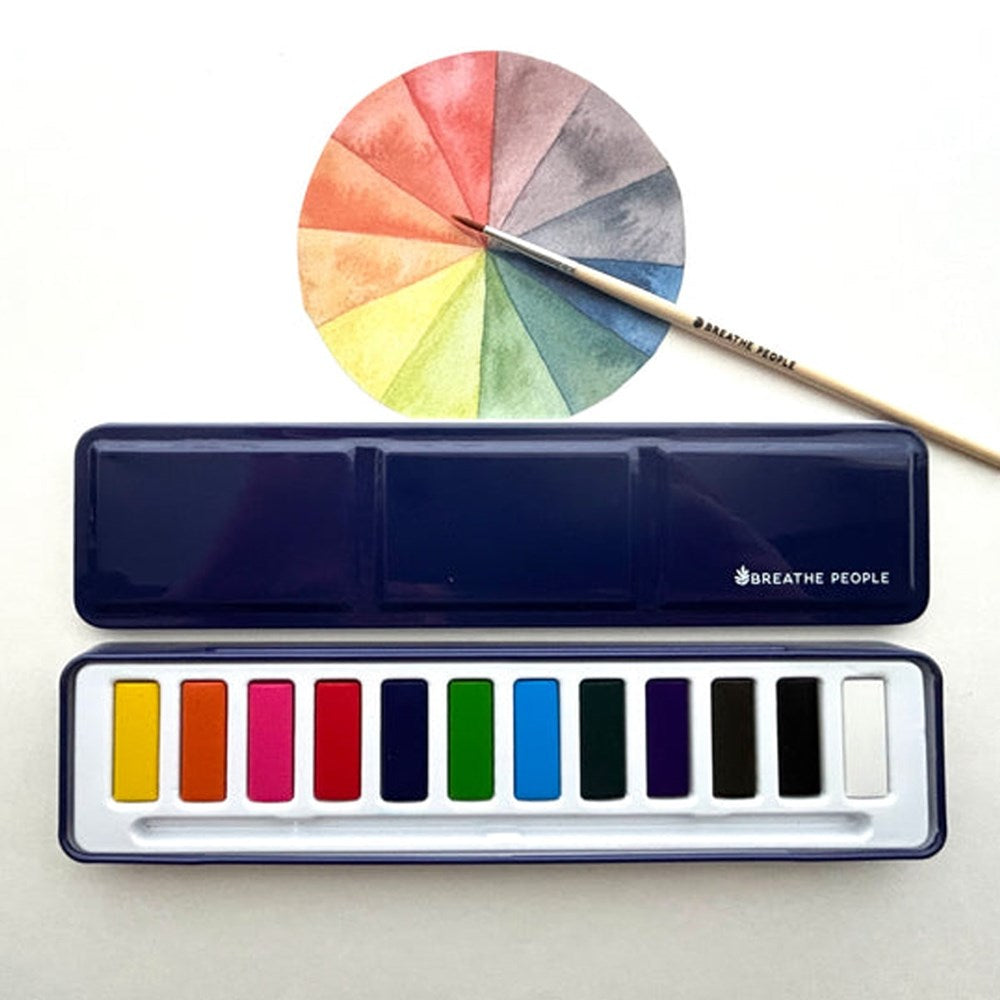 Breathe People Watercolor Paint Set - Color swatch, paint palette and brush shown