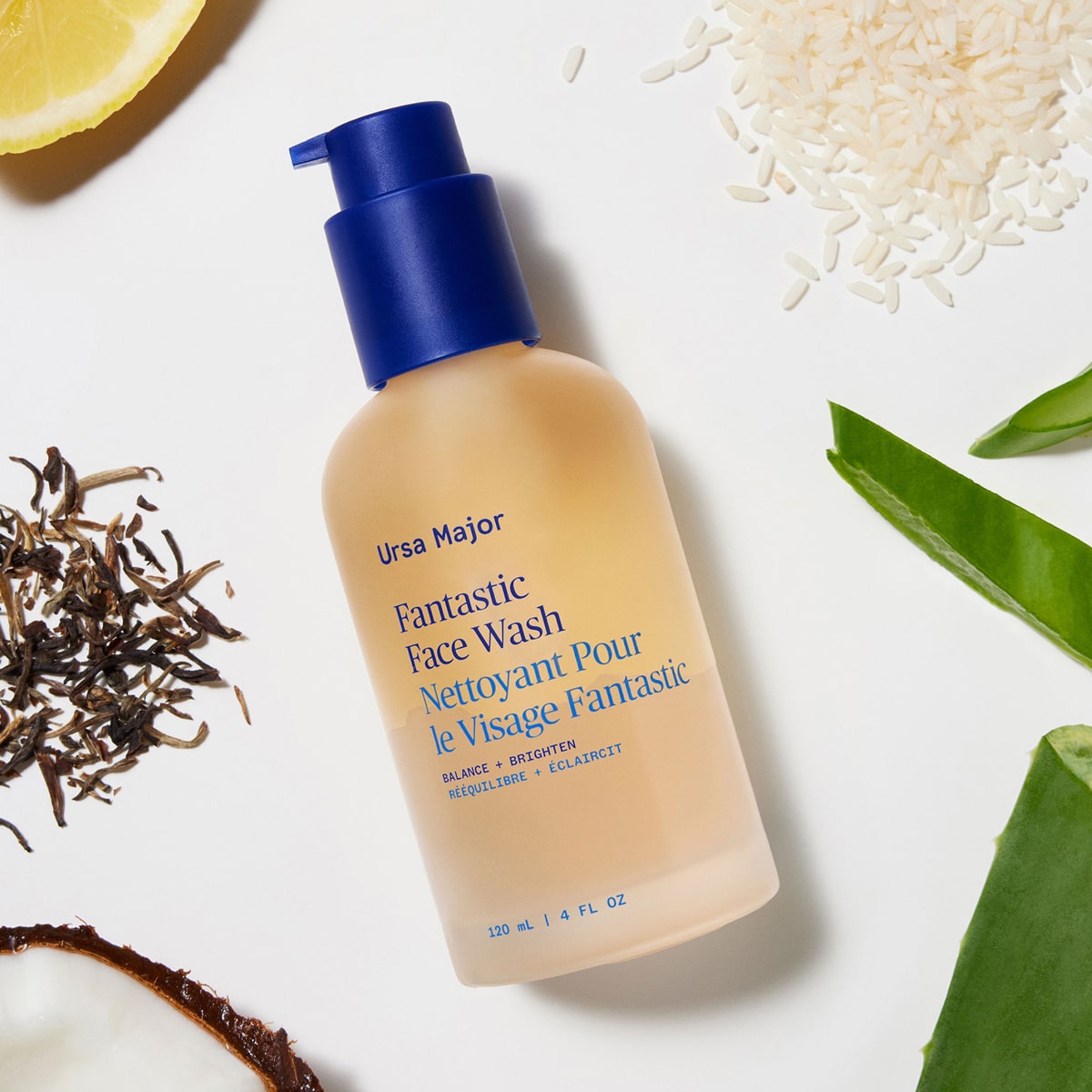 Ursa Major Fantastic Face Wash (4 oz) - product shown with rice and fruit.